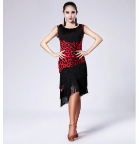 Women's long tassel red black leopard printed latin dance dress