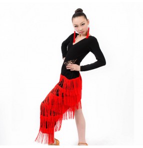 Women's long tassel salsa chacha red and black latin dance dress long sleeves 110-160cm