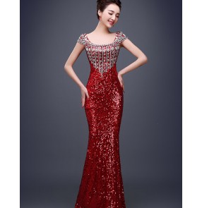 Women's mermaid Paillette rhinestone decoration long evening party wedding dress blue gold fuchsia dark red