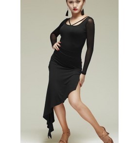 Women's milk silk material long sleeves round neck sexy black red leopard latin dance dresses samba salsa dresses
