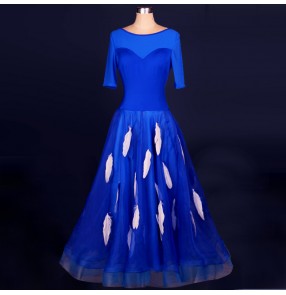 Women's nature feather decoration ballroom dance dress royal blue turquoise waltz dance 