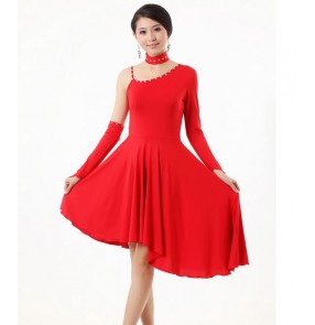 Women's one inclined shoulder latin dance dress black red 