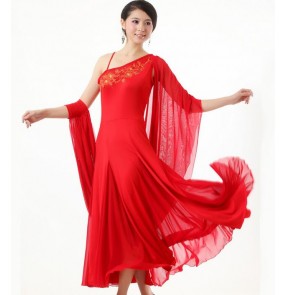 Women's one inclined shoulder white embroidery pattern ballroom dancing dress waltz red