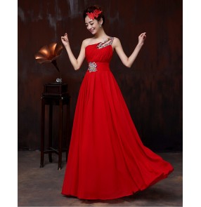 Women's one shoulder with crystal decoration long chiffon A-line evening dress wedding party dress coral