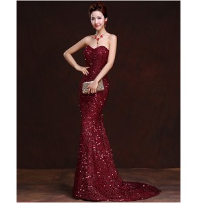 Women's paillette fabric off shoulder  mermaid evening dress long length wedding party dress with trail wine red royal blue 