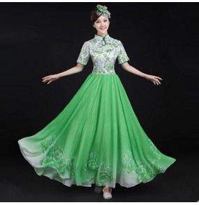 Women's patchwork green and white royal blue and white red cheongsam folk dance costumes Chinese traditional dance wear ancient traditional dance clothing stage performance dance wear