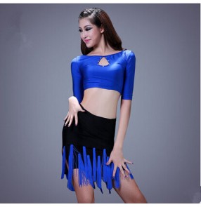 Women's patchwork tassel black and royal blue latin dance dress set top and skirt 