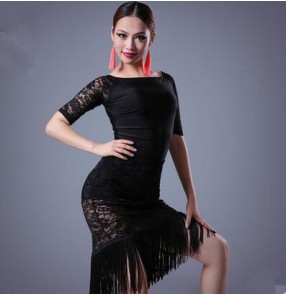 Women's patchwork tassel patchwork black or leopard patchwork lace half sleeves latin salsa dance dresses set top and skirt 