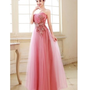 Women's pink red fuchsia long length A-line off shoulder appliques evening dress wedding party bridal dresses