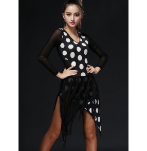 Women's polka dot zebra black ladies tassel long sleeves latin salsa samba dance dresses 