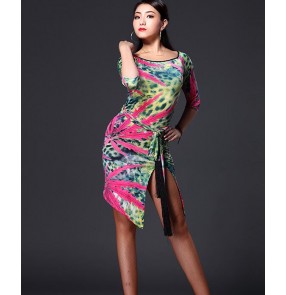 Women's printed floral green fuchsia latin dance dress salsa dance dress