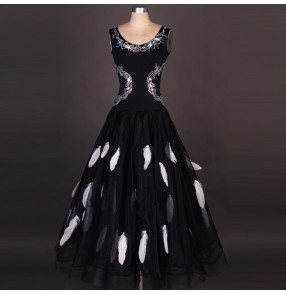 Women's Professional competition performance black rhinestone feather decoration sleeveless waltz ballroom dance dress