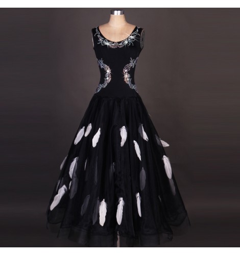 Women S Professional Competition Performance Black Rhinestone Feather Decoration Sleeveless Waltz Ballroom Dance Dress