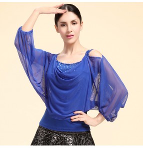 Women's puff see through sleeves diamond latin dance top shirt 