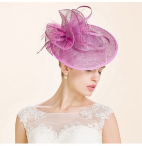 Women's purple sinamay pillbox hat handmade luxury socialite church hat bride headwear