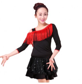 Women's red and black patchwork inclined shoulder tassel latin dance dress set top and skirt 