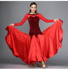 Women's red and brown velvet leopard and long big skirted ballroom dancing dress competition dance dress