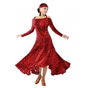 Women 's red brown leopard printed long ballroom dancing dress 