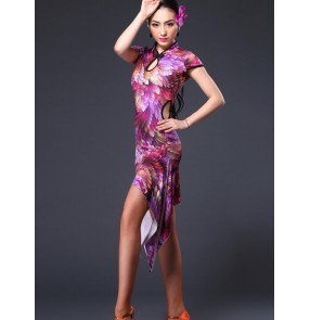 Women's  red leopard floral printed cheongsam latin dance dress