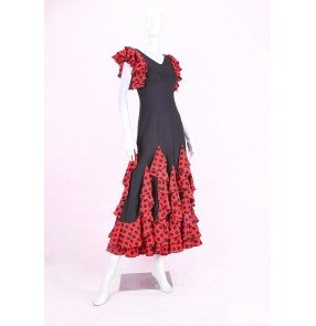 Women's red ruffles sleeves polka dot and black ballroom dance dress flamenco dance dress