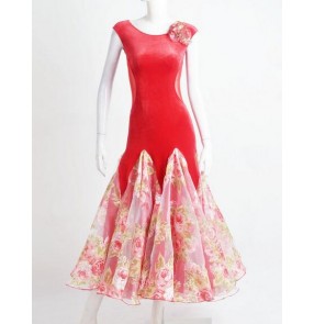 Women's red velvet and floral patchwork modern ballroom waltz dance dress flamenco dress