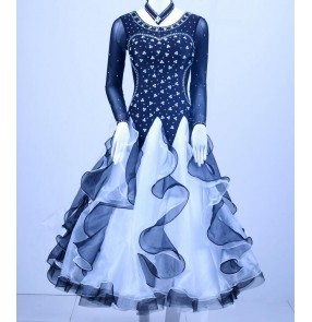 Women's rhinestone diamond black and white patchwork full skirted ballroom tango dance dress