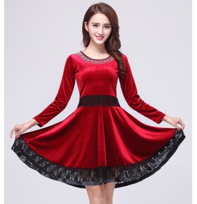 Women's round neck black lace and wine red patchwork latin dance dress salsa dress