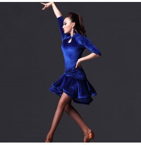 Women's royal blue fuchsia black long sleeves velvet  latin dance dresses M-XL