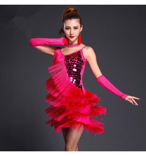 Royal blue red black tassels sequins latin ballroom dance bodysuits tops  for Women Girls Salsa Chacha Rumba Performance leotard outfits for female