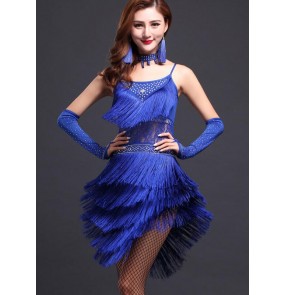 Women's royal blue red fuchsia tassels latin salsa dance dress