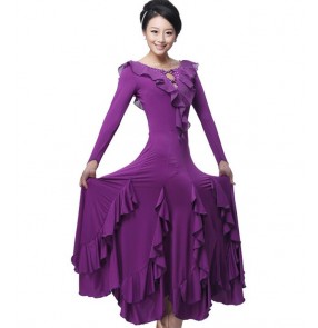 Women's ruffle neck long sleeves long length ballroom dance dress tango 