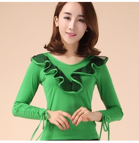 Women's ruffles decoration round neck long sleeves latin dance top 