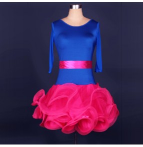 Women's ruffles hem royal blue and white and fuchsia patchwork latin dance dress short sleeves