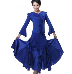 Women's ruffles neck long sleeves ballroom dance dress set top and full skirt