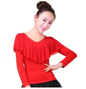 Women's ruffles neck long sleeves latin salsa dance top 