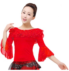 Women's ruffles neck puff sleeves latin salsa dance top ballroom dance blouse top