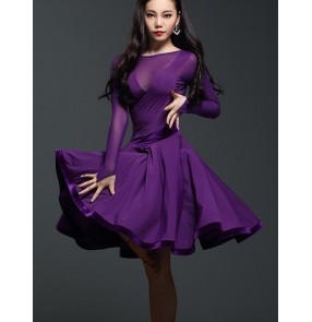 Women's sexy ladies long sleeves violet black red see through latin dance dresses 
