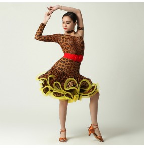 Women's sexy leopard printed fish bone big skirted ballroom dance dress latin dance dress M-2XL