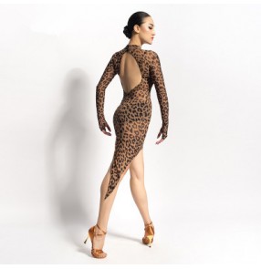 Women's sexy leopard see through  professional competition long sleeves latin dance dresses 