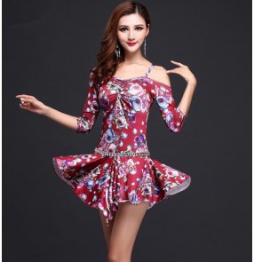 Women's sexy printed dew shoulder floral belly dance costume dresses with diamond sash