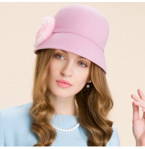 Women's short brim 100% wool handmade pink fedoras fashionable hats 