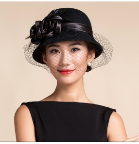 Women's short brim 100% wool with veil vintage handmade wedding party fedoras dress hat one size 