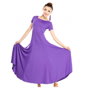Women's short sleeves long length ballroom dancing dress violet black royal blue