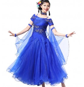 Women's short sleeves rhinestone waltz dance dress modern ballroom 