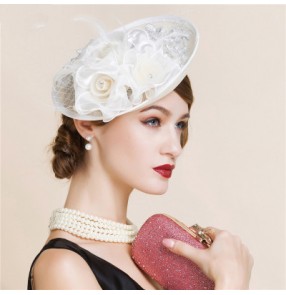 Women's sinamay flower lace veil wedding dress hat vintage pillbox hat top hat ivory one size 