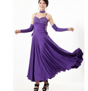 Women's strap shoulder with sleeves and long ballroom dancing dress tango violet