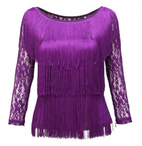 Women's tassel layers lace long sleeves latin dance top violet black red