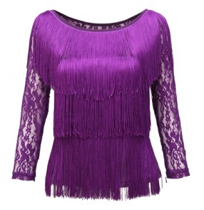 Women's tassel layers lace long sleeves latin dance top violet black red