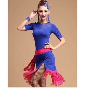 Women's tassel with belt patchwork latin dance dress royal blue and fuchsia black