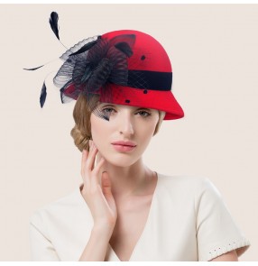 Women's top quality vintage handmade 100% wool fasinators wedding party fedoras church hat red gray